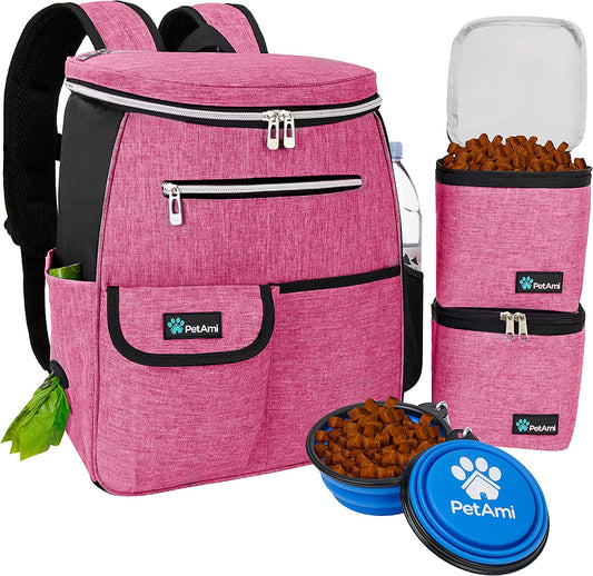 Dog Travel Bag Backpack, Airline Approved Dog Bags for Traveling, Puppy Diaper Bag Supplies, Pet Camping Essentials Hiking Accessories Dog Mom Gift, Food Container, Collapsible Bowls, Pink